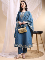 Thumbnail for Hand Embroidered Anarkali Kurta With Pant & Embroidered Dupatta, Blue - Hiral Fashion - Distacart