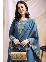 Thumbnail for Hand Embroidered Anarkali Kurta With Pant & Embroidered Dupatta, Blue - Hiral Fashion - Distacart