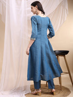 Thumbnail for Hand Embroidered Anarkali Kurta With Pant & Embroidered Dupatta, Blue - Hiral Fashion - Distacart