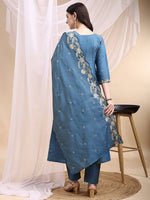 Thumbnail for Hand Embroidered Anarkali Kurta With Pant & Embroidered Dupatta, Blue - Hiral Fashion - Distacart