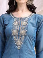 Thumbnail for Hand Embroidered Anarkali Kurta With Pant & Embroidered Dupatta, Blue - Hiral Fashion - Distacart
