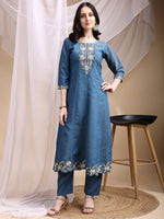 Thumbnail for Hand Embroidered Anarkali Kurta With Pant & Embroidered Dupatta, Blue - Hiral Fashion - Distacart