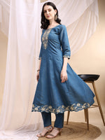 Thumbnail for Hand Embroidered Anarkali Kurta With Pant & Embroidered Dupatta, Blue - Hiral Fashion - Distacart