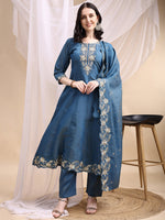 Thumbnail for Hand Embroidered Anarkali Kurta With Pant & Embroidered Dupatta, Blue - Hiral Fashion - Distacart