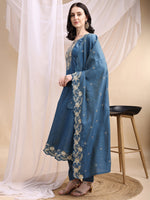 Thumbnail for Hand Embroidered Anarkali Kurta With Pant & Embroidered Dupatta, Blue - Hiral Fashion - Distacart