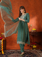 Thumbnail for Sequin Embroidered Kurta With Pant & Embroidered Organza Dupatta, Green - Hiral Fashion - Distacart