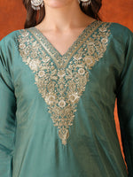 Thumbnail for Sequin Embroidered Kurta With Pant & Embroidered Organza Dupatta, Green - Hiral Fashion - Distacart