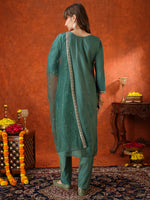 Thumbnail for Sequin Embroidered Kurta With Pant & Embroidered Organza Dupatta, Green - Hiral Fashion - Distacart