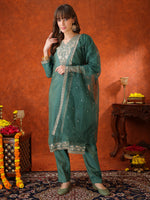 Thumbnail for Sequin Embroidered Kurta With Pant & Embroidered Organza Dupatta, Green - Hiral Fashion - Distacart