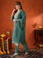 Thumbnail for Sequin Embroidered Kurta With Pant & Embroidered Organza Dupatta, Green - Hiral Fashion - Distacart