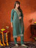 Thumbnail for Sequin Embroidered Kurta With Pant & Embroidered Organza Dupatta, Green - Hiral Fashion - Distacart