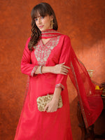 Thumbnail for Sequin Embroidered Kurta With Pant & Embroidered Organza Dupatta, Pink - Hiral Fashion - Distacart