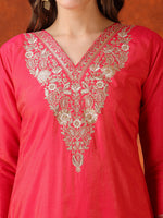 Thumbnail for Sequin Embroidered Kurta With Pant & Embroidered Organza Dupatta, Pink - Hiral Fashion - Distacart