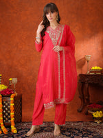 Thumbnail for Sequin Embroidered Kurta With Pant & Embroidered Organza Dupatta, Pink - Hiral Fashion - Distacart