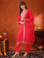 Thumbnail for Sequin Embroidered Kurta With Pant & Embroidered Organza Dupatta, Pink - Hiral Fashion - Distacart