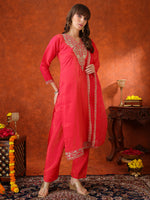 Thumbnail for Sequin Embroidered Kurta With Pant & Embroidered Organza Dupatta, Pink - Hiral Fashion - Distacart