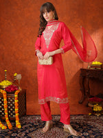 Thumbnail for Sequin Embroidered Kurta With Pant & Embroidered Organza Dupatta, Pink - Hiral Fashion - Distacart