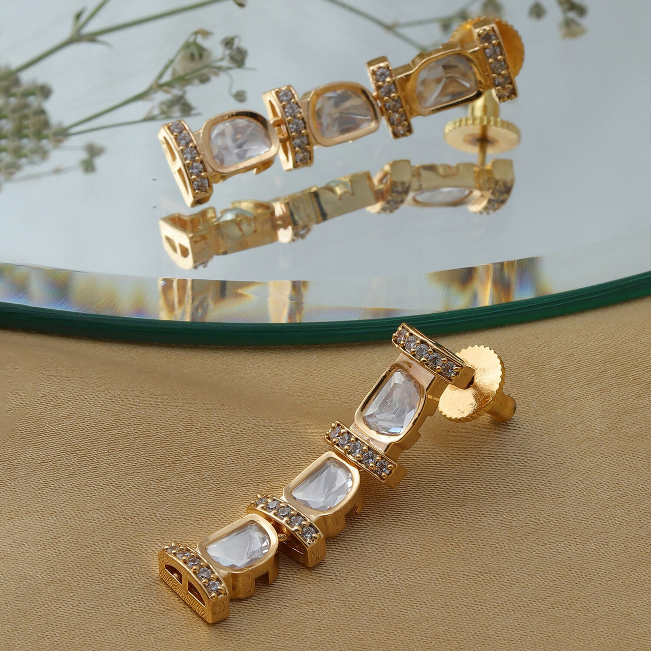 Long Kundan and Diamond Earrings (Gold) - Ruby Raang - Distacart