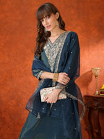 Thumbnail for Sequin Embroidered Kurta With Pant & Embroidered Organza Dupatta, Teal - Hiral Fashion - Distacart