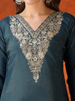 Thumbnail for Sequin Embroidered Kurta With Pant & Embroidered Organza Dupatta, Teal - Hiral Fashion - Distacart