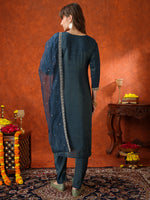 Thumbnail for Sequin Embroidered Kurta With Pant & Embroidered Organza Dupatta, Teal - Hiral Fashion - Distacart
