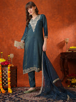 Thumbnail for Sequin Embroidered Kurta With Pant & Embroidered Organza Dupatta, Teal - Hiral Fashion - Distacart