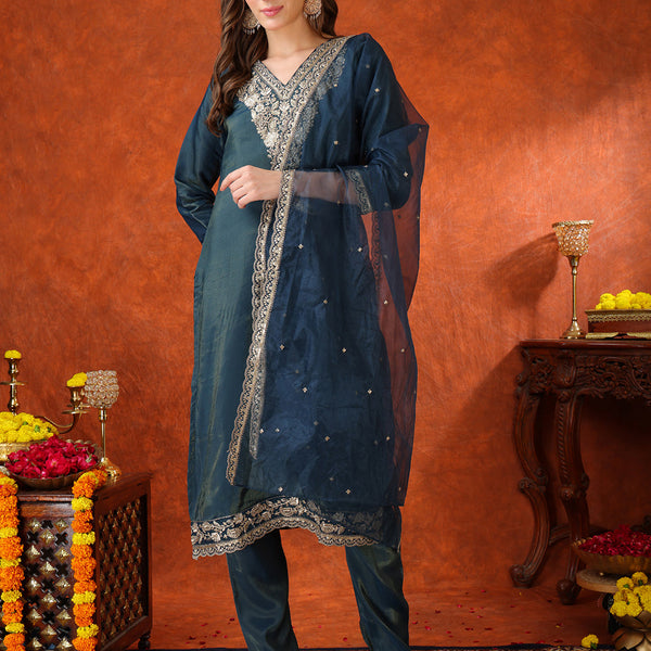 Sequin Embroidered Kurta With Pant & Embroidered Organza Dupatta, Teal - Hiral Fashion - Distacart