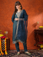 Thumbnail for Sequin Embroidered Kurta With Pant & Embroidered Organza Dupatta, Teal - Hiral Fashion - Distacart