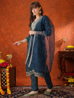 Thumbnail for Sequin Embroidered Kurta With Pant & Embroidered Organza Dupatta, Teal - Hiral Fashion - Distacart