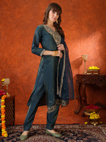 Thumbnail for Sequin Embroidered Kurta With Pant & Embroidered Organza Dupatta, Teal - Hiral Fashion - Distacart