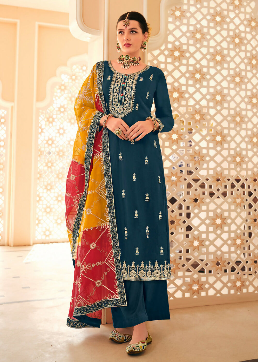 Dazzling Teal Embroidered Chinnon Palazzo Salwar Kurta - Emponline - Distacart