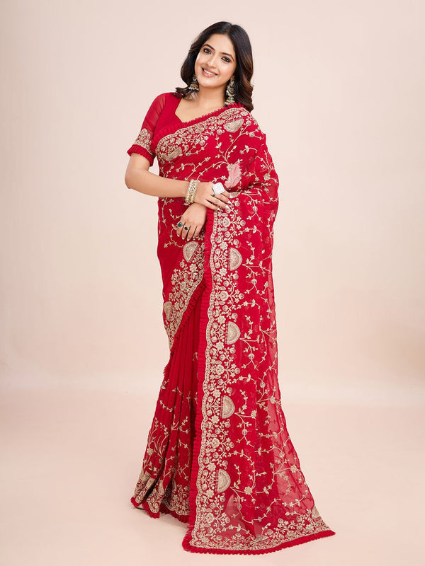 kasee Floral Embroidered Pure Georgette Ready to Wear Saree - Distacart