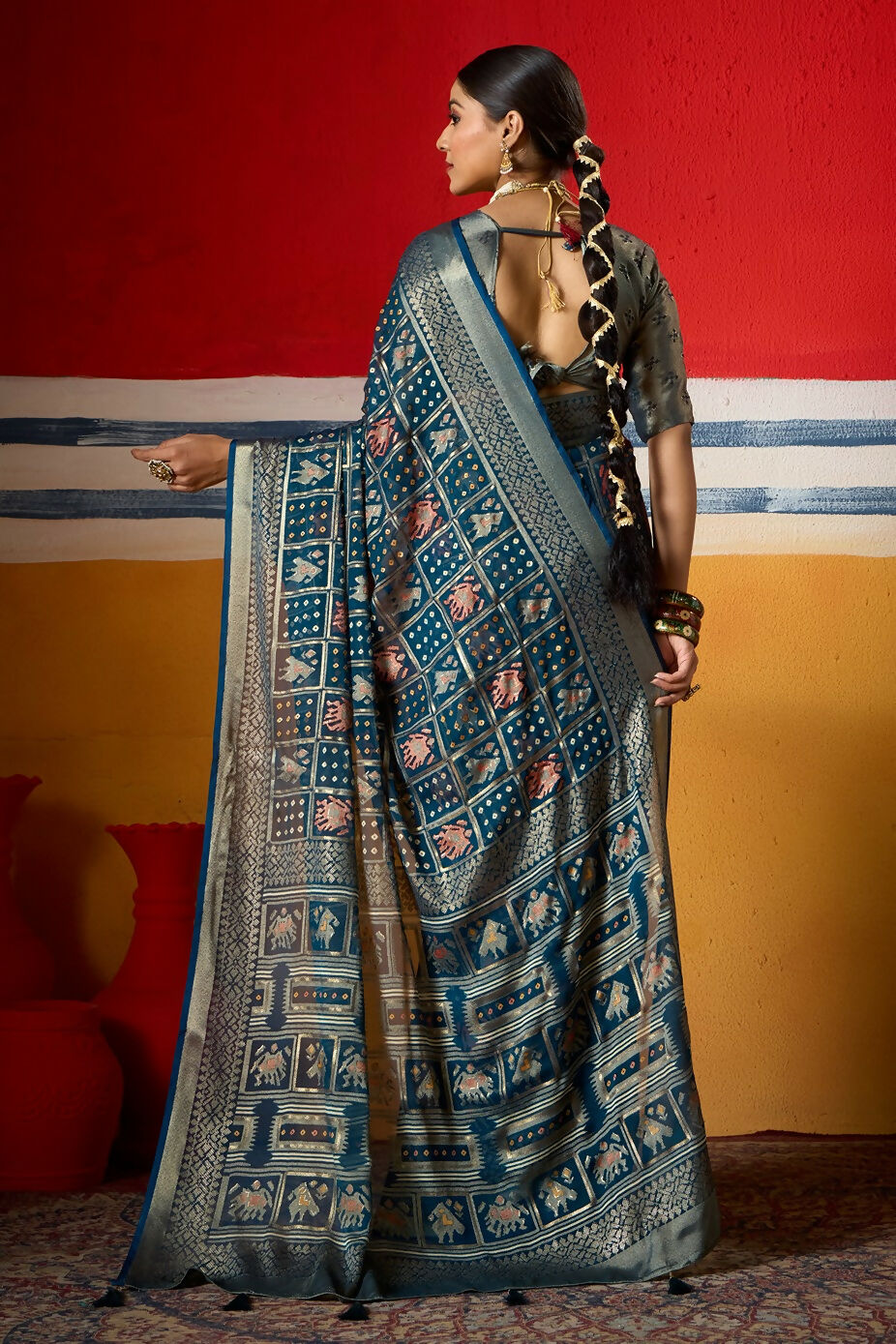 Joban Fashion Teal Blue Dull Moss Brasso Saree