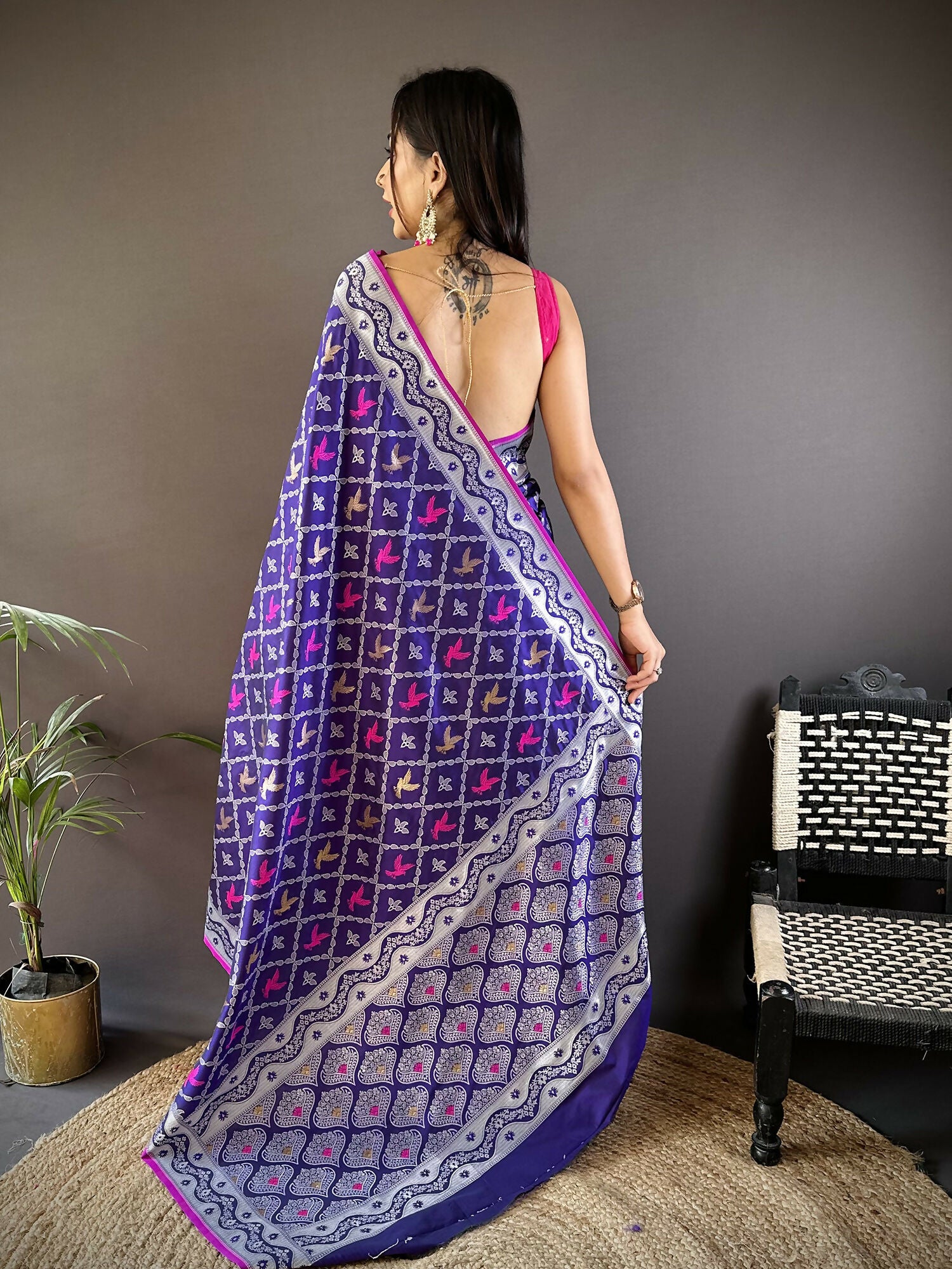 Joban Fashion Blue Jacquard Woven Pattern Lichi Soft Silk Banarasi Saree - Dista