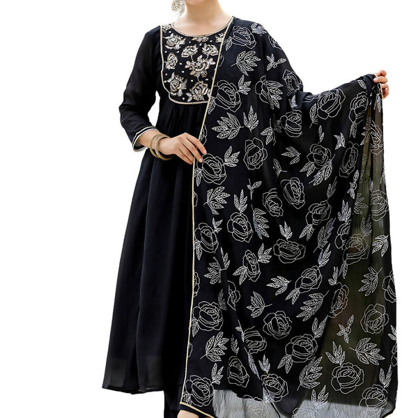 The52 Black Women's Beautiful Embroidered work Chinon Fabric with Flared Kurta, Pant and Dupatta Set - Distacart