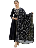Thumbnail for The52 Black Women's Beautiful Embroidered work Chinon Fabric with Flared Kurta, Pant and Dupatta Set - Distacart