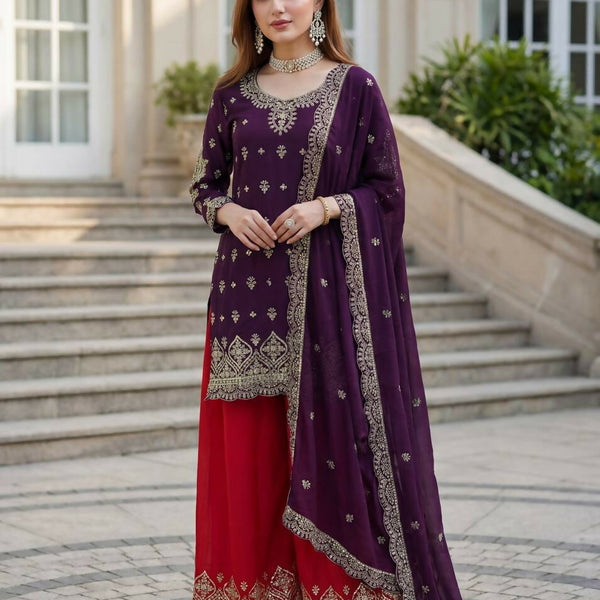 Joban Fashion Purple Silk Embroidered Sharara Set - Distacart