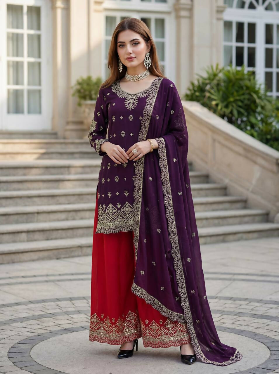Joban Fashion Purple Silk Embroidered Sharara Set - Distacart