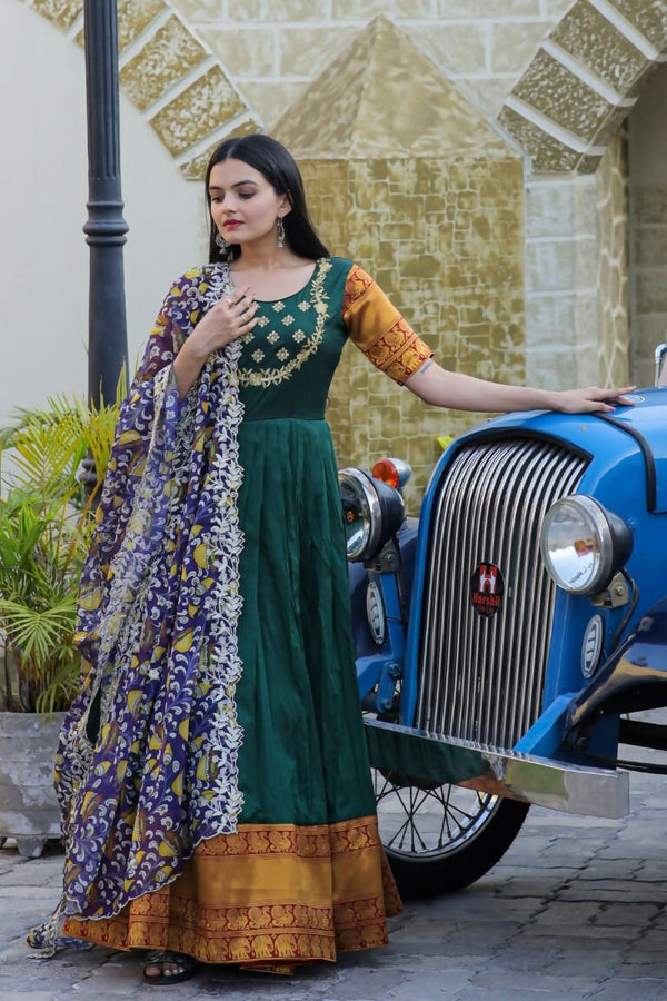 Aastha Fashion Women's Bottle Green Silk Jacquard Woven with Embroidery Anarkali Dress with Dupatta - Distacart