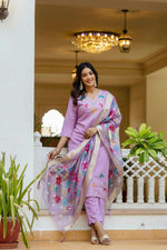 Thumbnail for The52 Lavender Women's Gorgeous Embroidered work Viscose Gadhwal Fabric Straight Kurta, Pant and Dupatta Set - Distacart