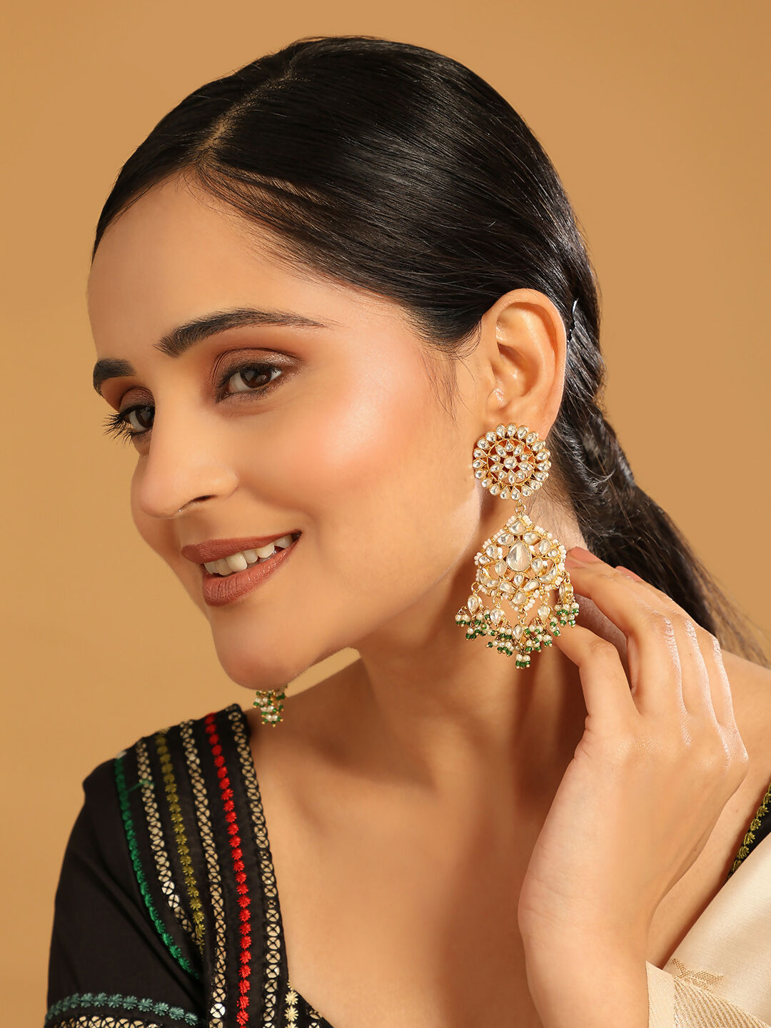 Nuyug 22K Gold Plated Traditional Kundan Studded Contemporary Dangler Earrings with Pearl and Green Bead Accents