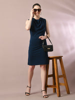 Thumbnail for Myshka Women's Navy Blue Solid Cowl Neck Bodycon Party Dress - Distacart