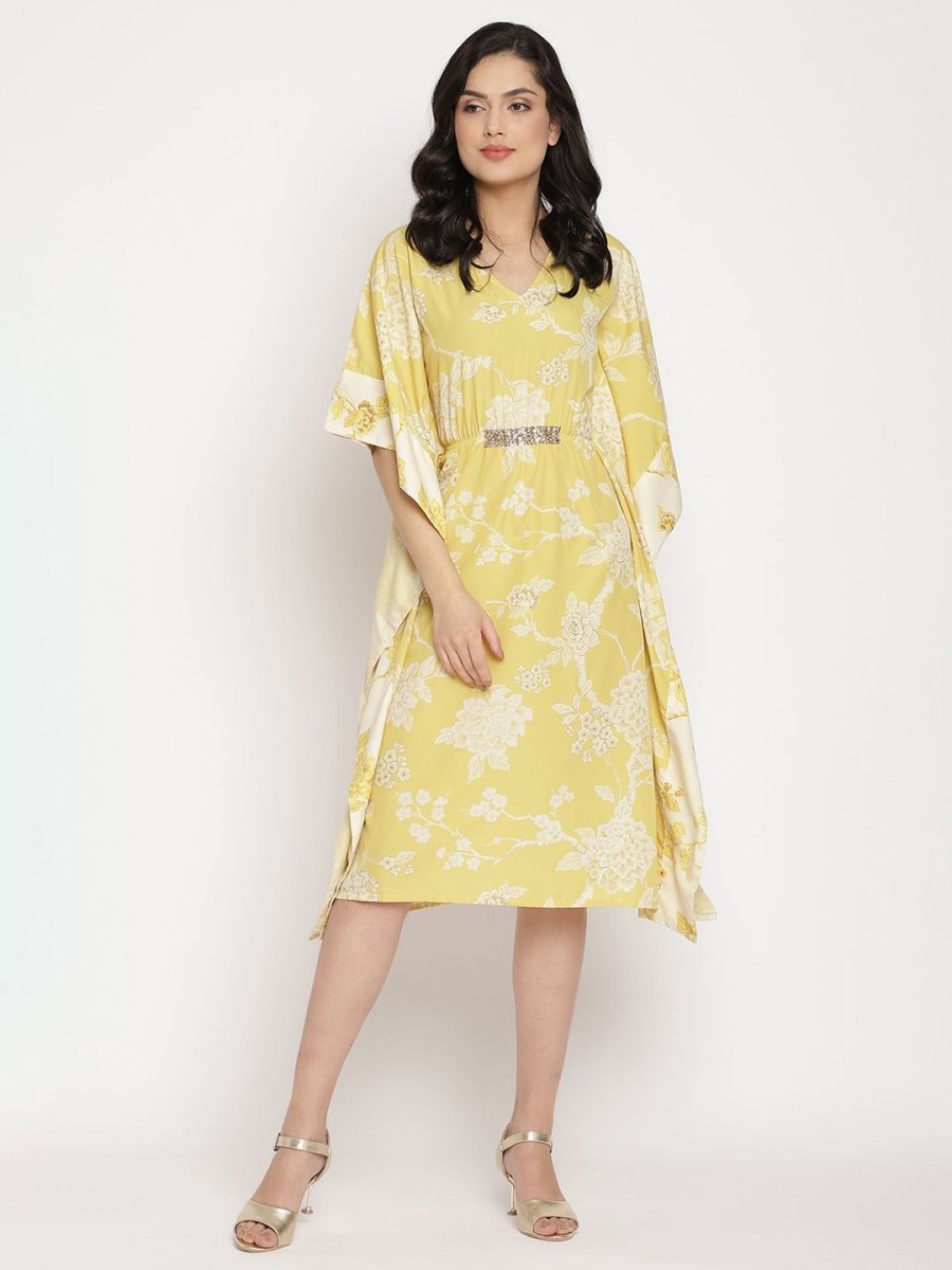 Ahalyaa Women Lime Green & Off White Floral Printed Flared Sleeves Floral Kaftan Kurta - Distacart