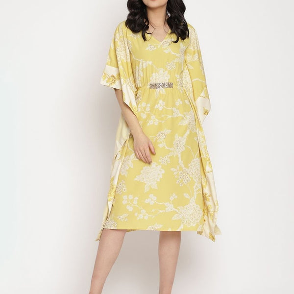 Ahalyaa Women Lime Green & Off White Floral Printed Flared Sleeves Floral Kaftan Kurta - Distacart