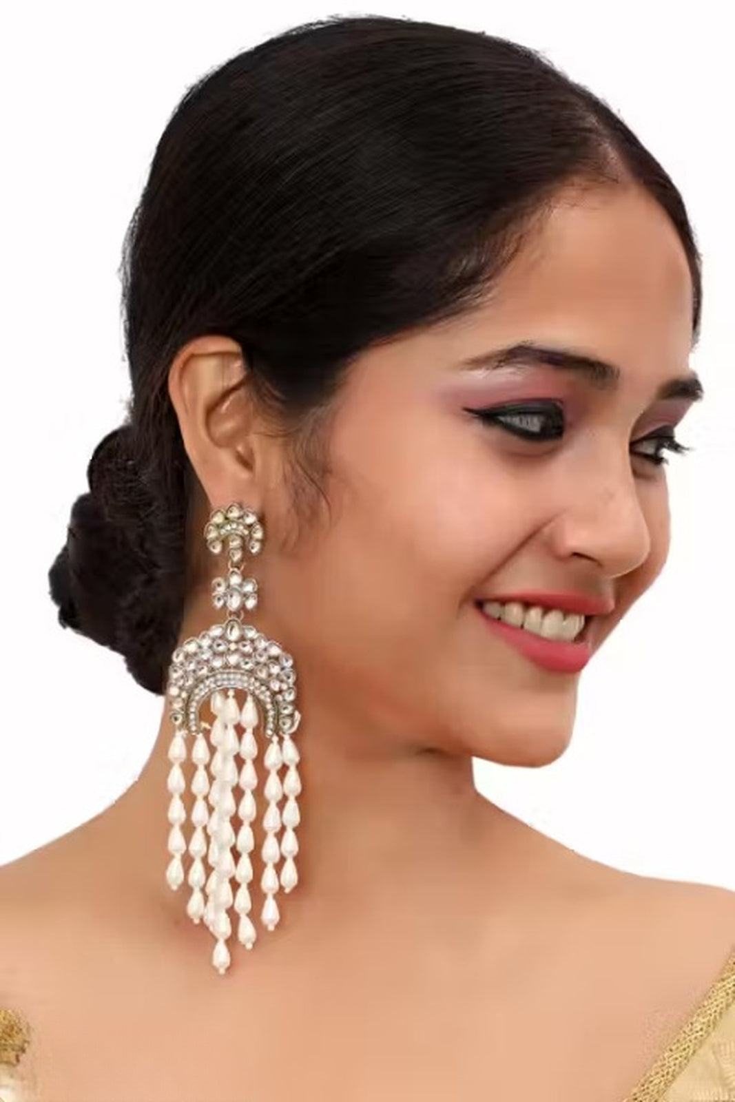 Jewel City Elegant Kundan & Pearl Long Chandelier Earrings for Women & Girls | Traditional Gold-Plated Indian Wedding Jewelry - Distacart