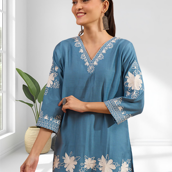 Joban Fashion Teal Silk Embroidered Readymade Tunic - Distacart