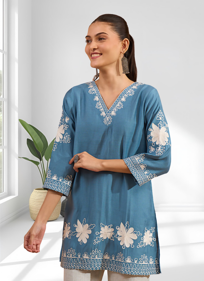 Joban Fashion Teal Silk Embroidered Readymade Tunic - Distacart