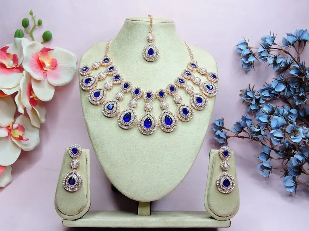 Jewel City Rose Gold-Plated Necklace Set with Earrings & Maang Tikka for Women – Sparkling Bridal Party Jewelry - Distacart