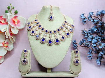Jewel City Rose Gold-Plated Necklace Set with Earrings & Maang Tikka for Women – Sparkling Bridal Party Jewelry - Distacart