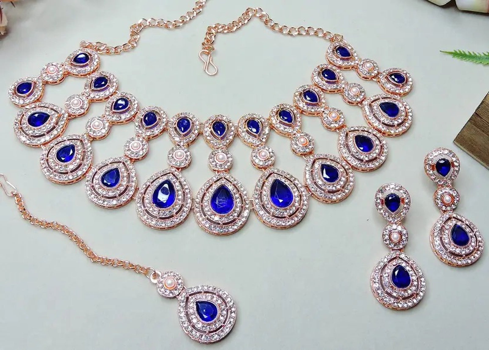 Jewel City Rose Gold-Plated Necklace Set with Earrings & Maang Tikka for Women – Sparkling Bridal Party Jewelry - Distacart